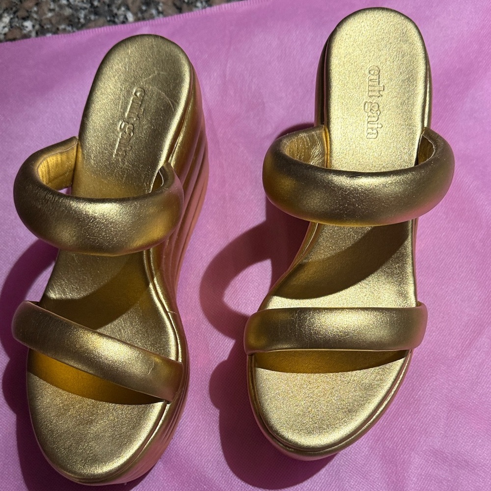 Cult Gaia Metallic Gold Double-Strap Platform Wedge Slides